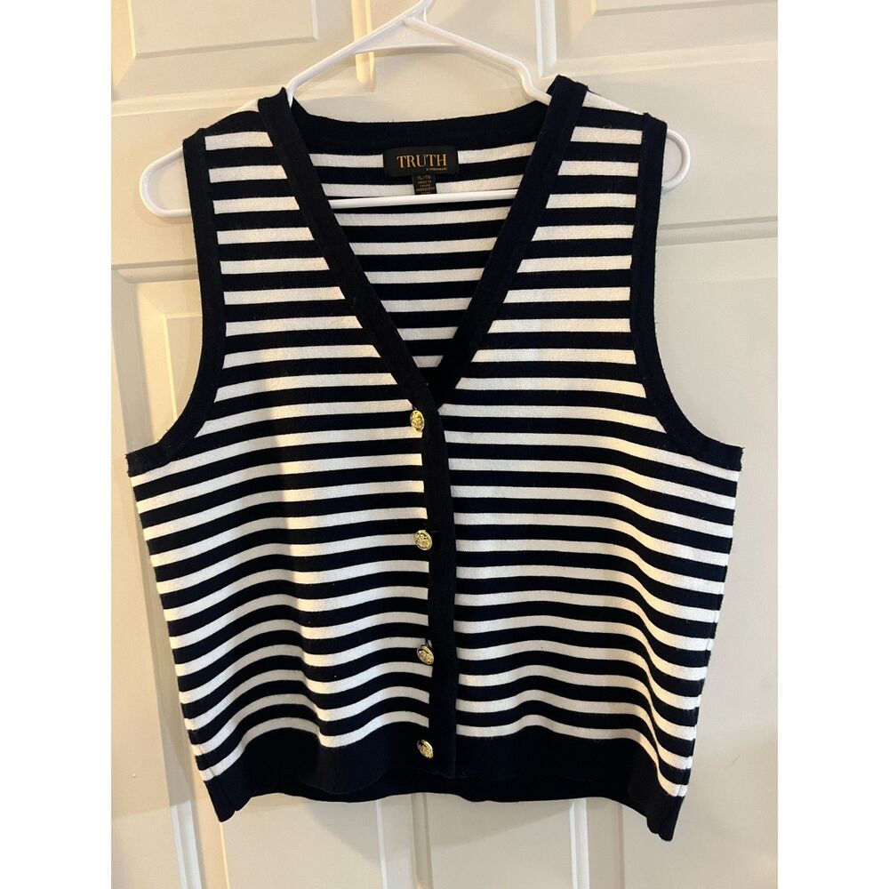 TRUTH Navy White Striped Knit Sleeveless Sweater Vest Gold Buttons Nautical XL